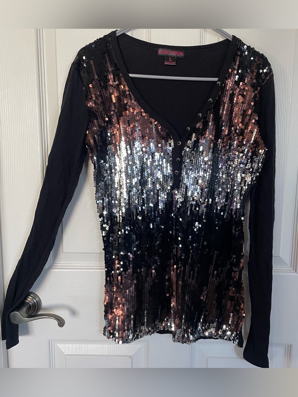 Rock & Roll Cowgirl Ombré Sequin Long Sleeve Top size Large - Picture 3 of 13